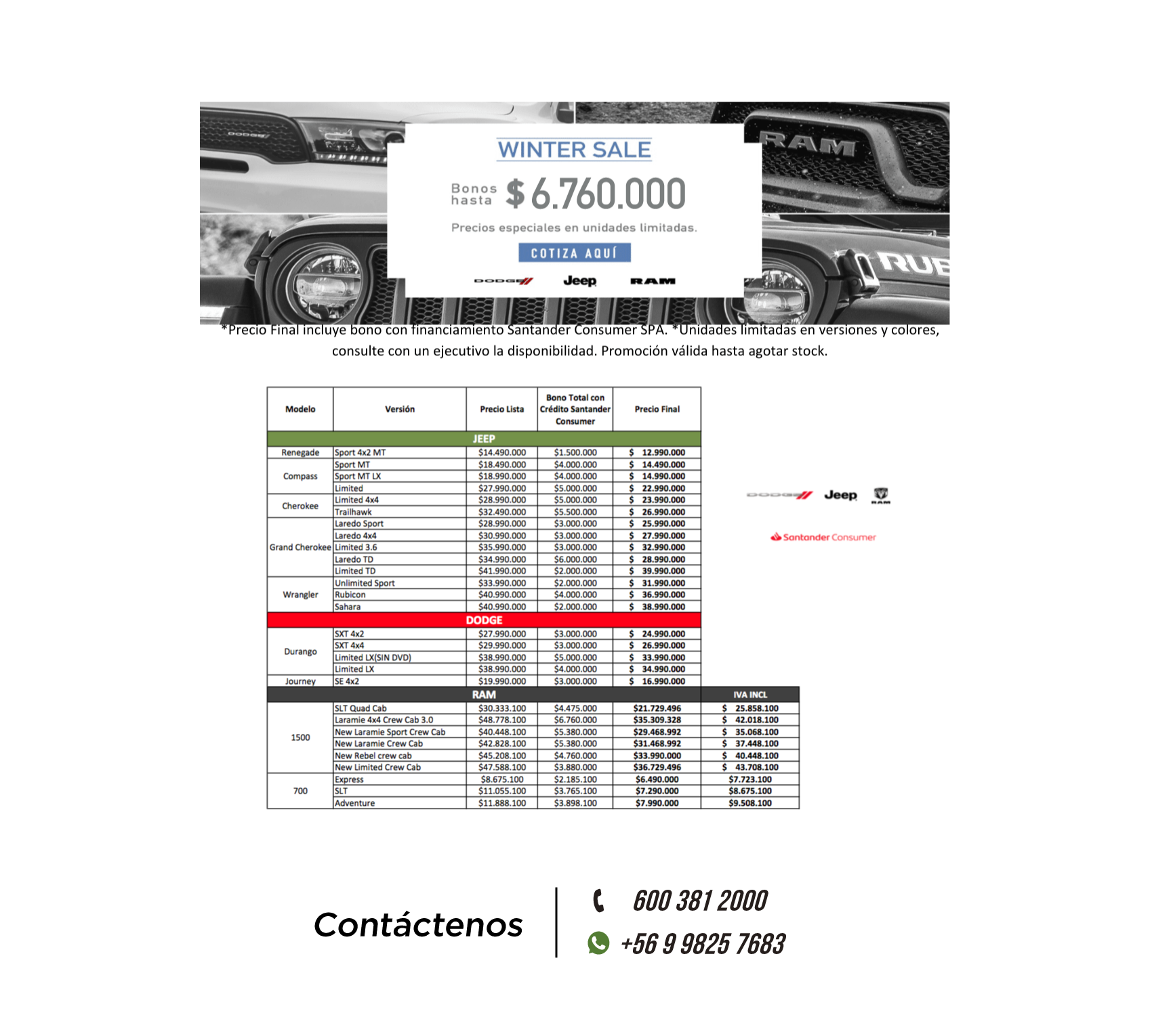 Lista de precios especiales Chrysler